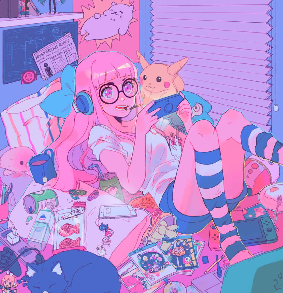 Sød pinkhåret gaming anime pige Wallpaper