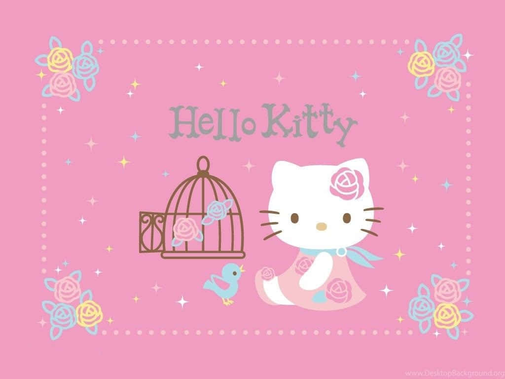 Wallpaper: Sød Pink Hello Kitty Fuglebur Tapet Wallpaper