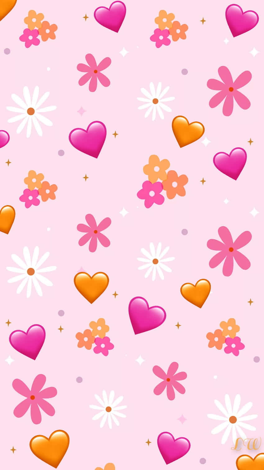 Cute Pink Orange Floral Hearts Pattern Wallpaper