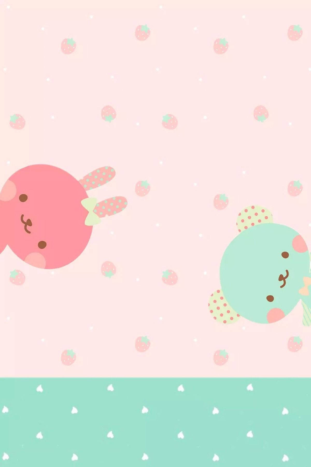 Pink rabbit and green bear peeking on a strawberry-filled background wallpaper.