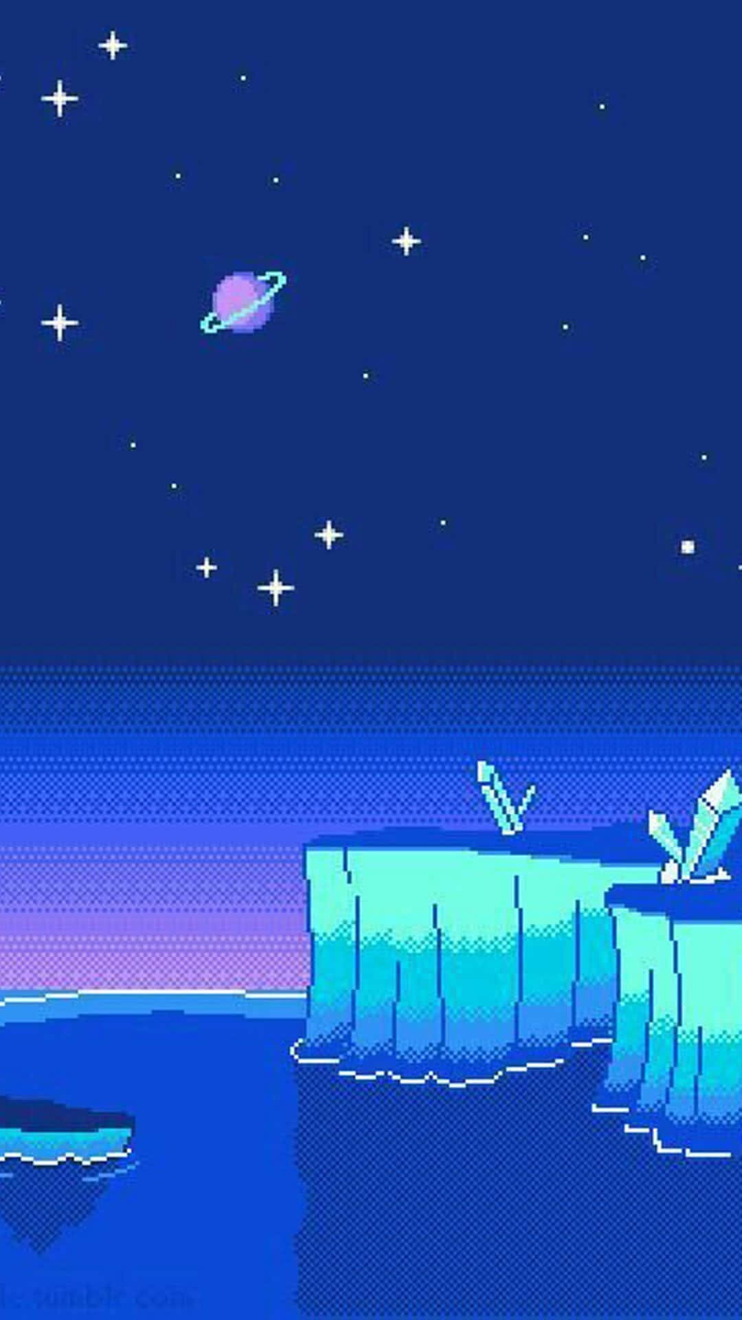 Un'immaginedi Pixel Art Di Un'isola Rocciosa Con Una Luna E Delle Stelle Sfondo