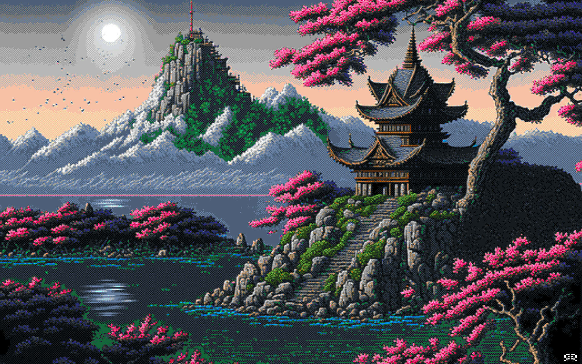 Cute Pixel Desktop Temple Wallpaper