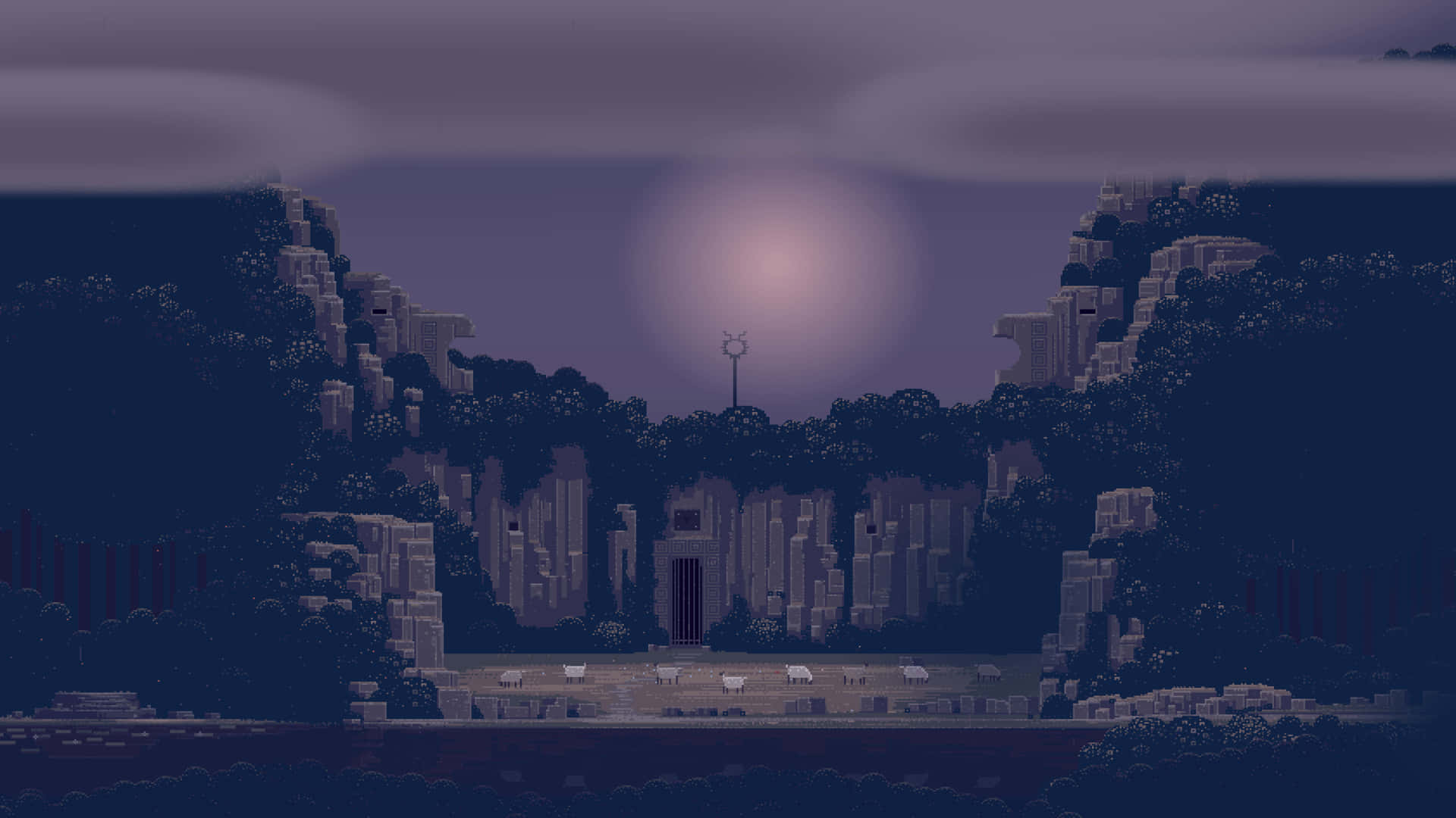 Pixel Art Of A Dark Cave With Trees And A Moon Wallpaper