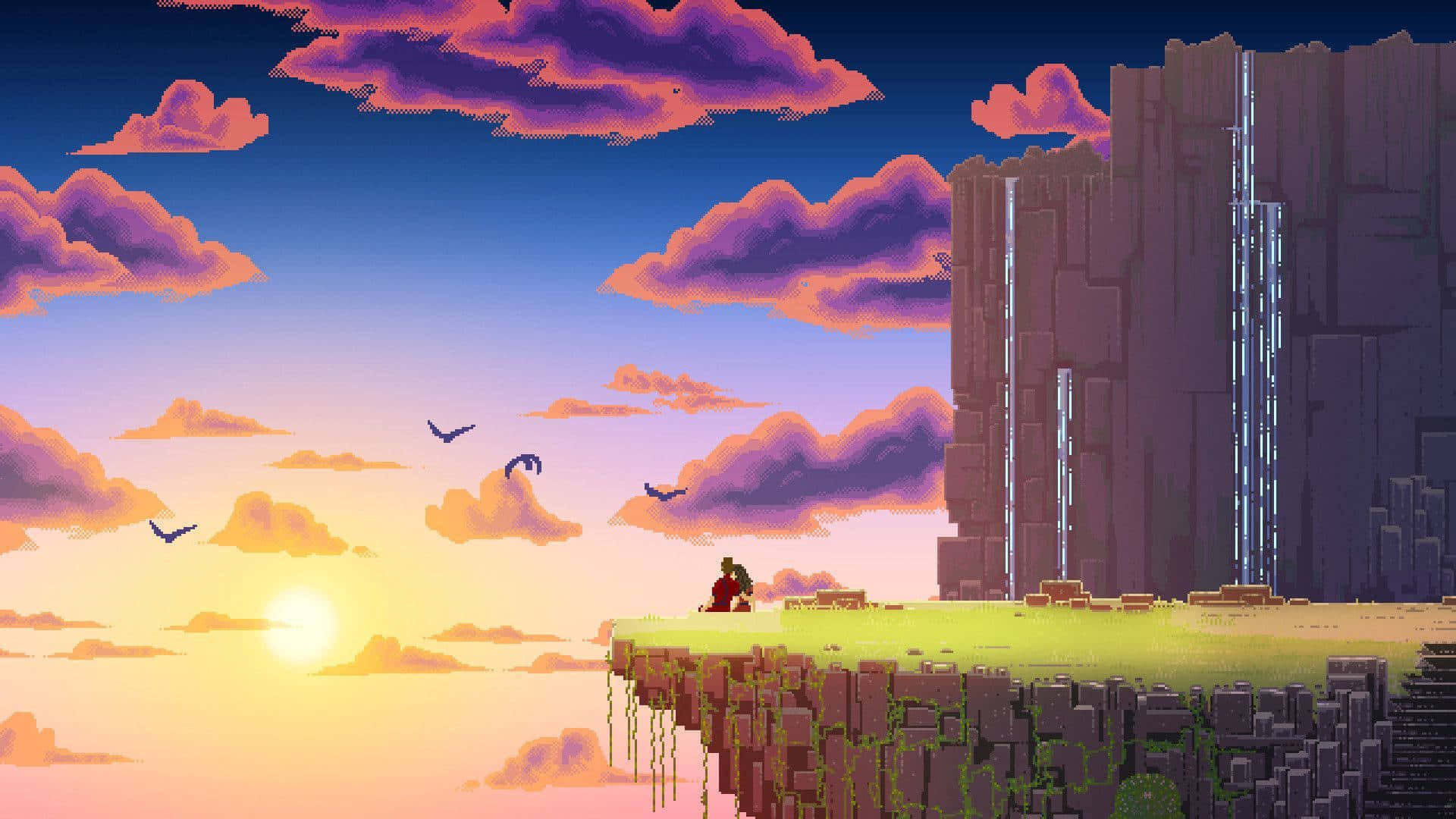 En mand står på en klippe og kigger ud over et solnedgång. Wallpaper