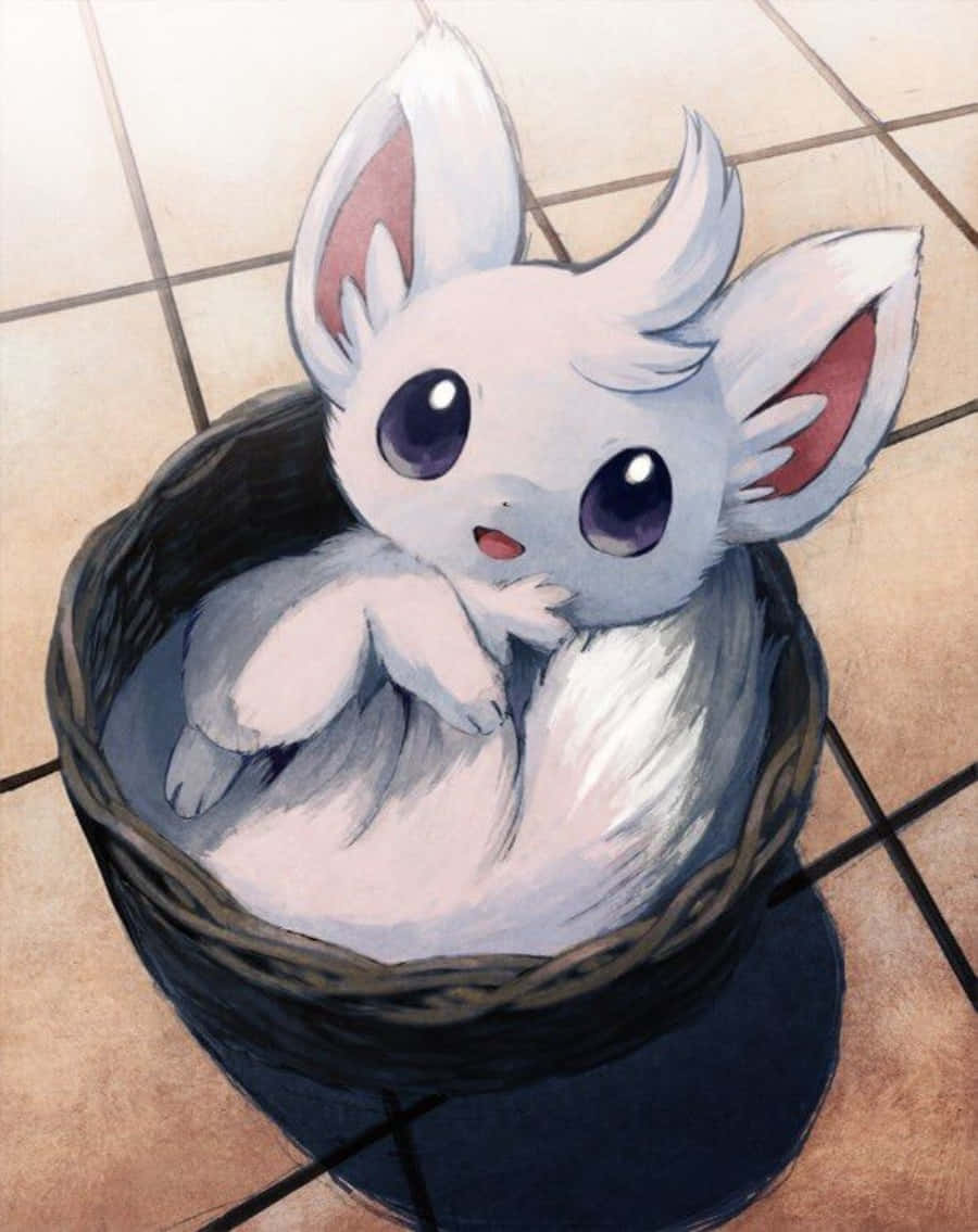A White Fox Sitting In A Basket On A Tile Floor