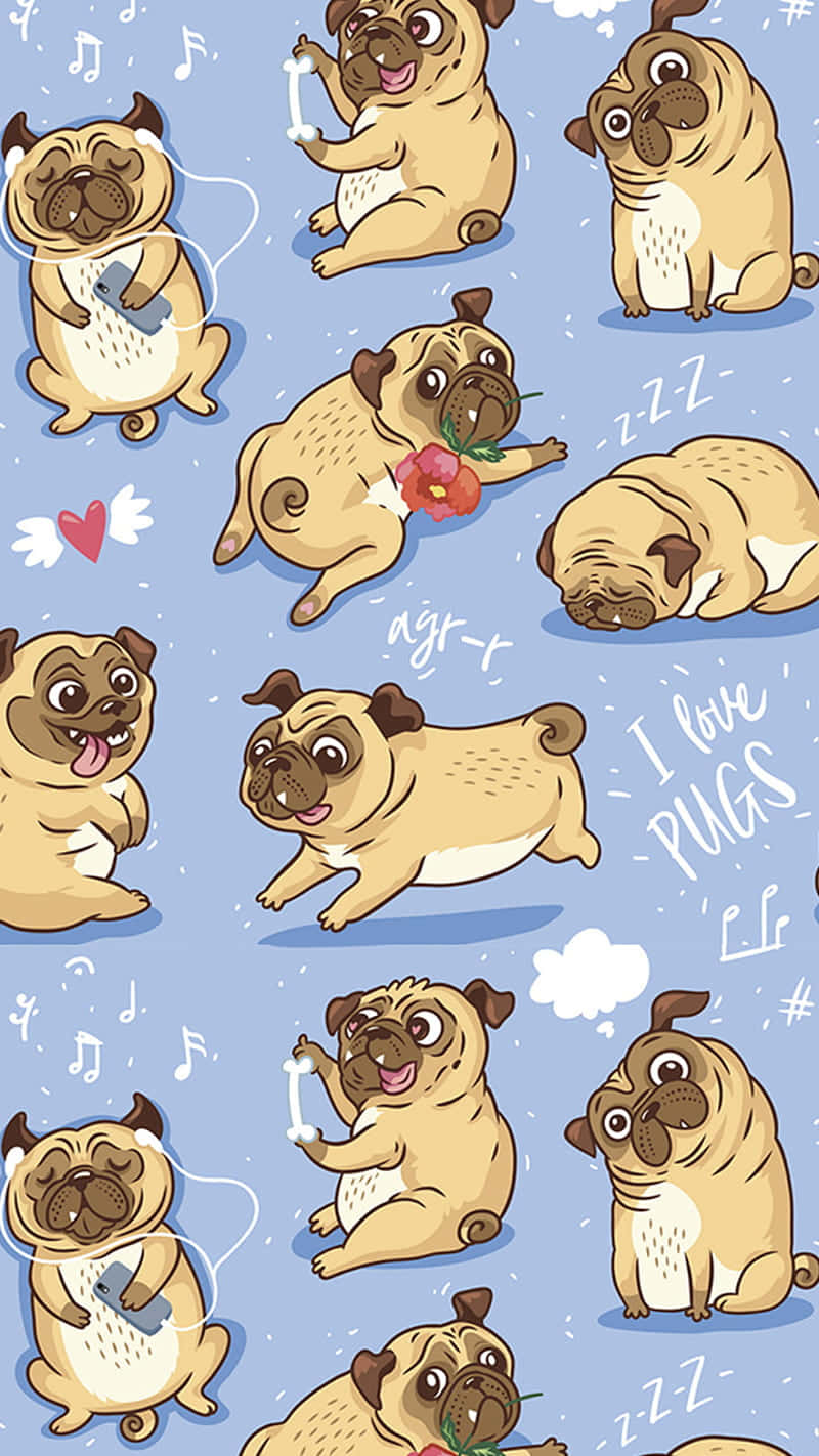 Cute Pug Cartoon-style Illustration Wallpaper