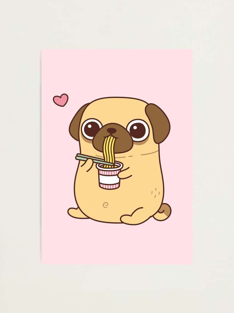 Download Cute Pug Eating A Cup Of Noodles Wallpaper 