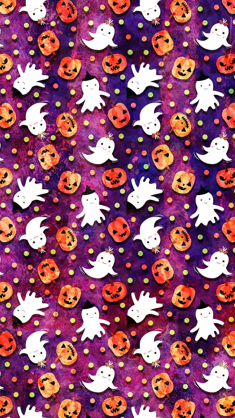 Spøgelser og græskar på lilla baggrund til Halloween Wallpaper