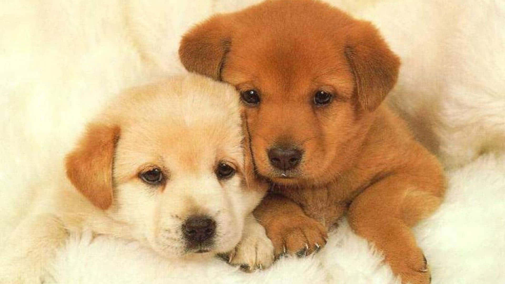 Two Puppies Laying On A White Fur Blanket