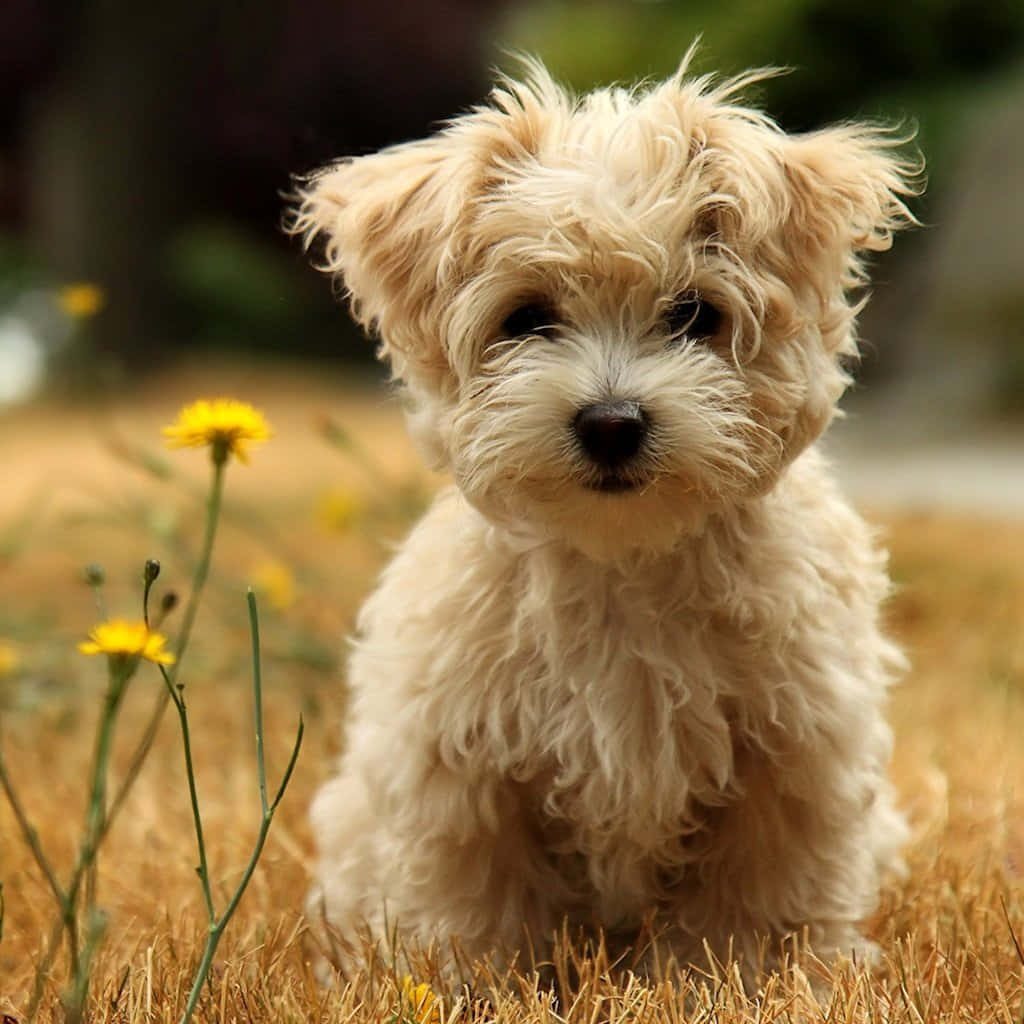 Unpequeño Perro Blanco Sentado En El Césped