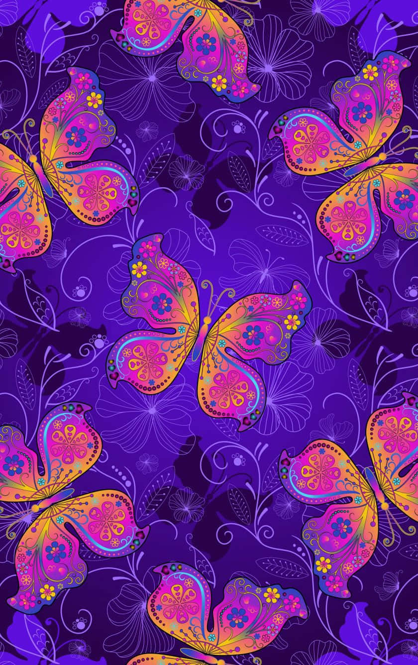 En følsom lille lilla sommerfugl hopper fra blomst til blomst. Wallpaper