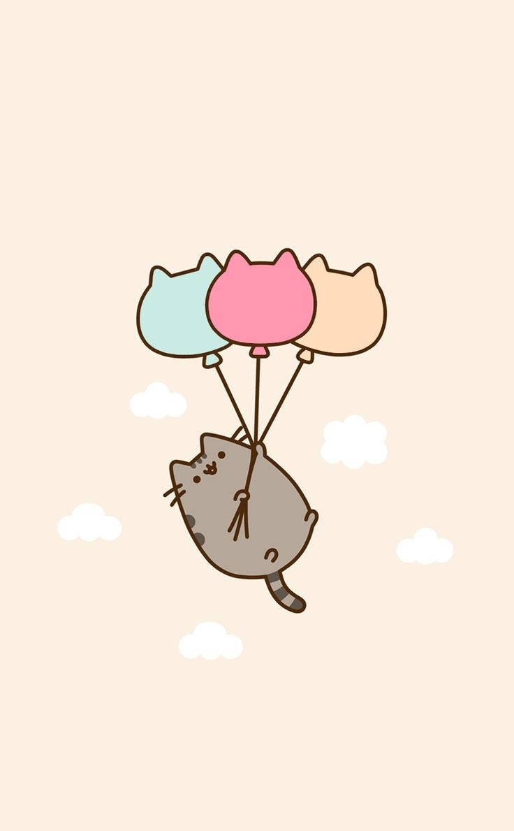Cute Pusheen gray cat holding on to floating balloons wallpaper.