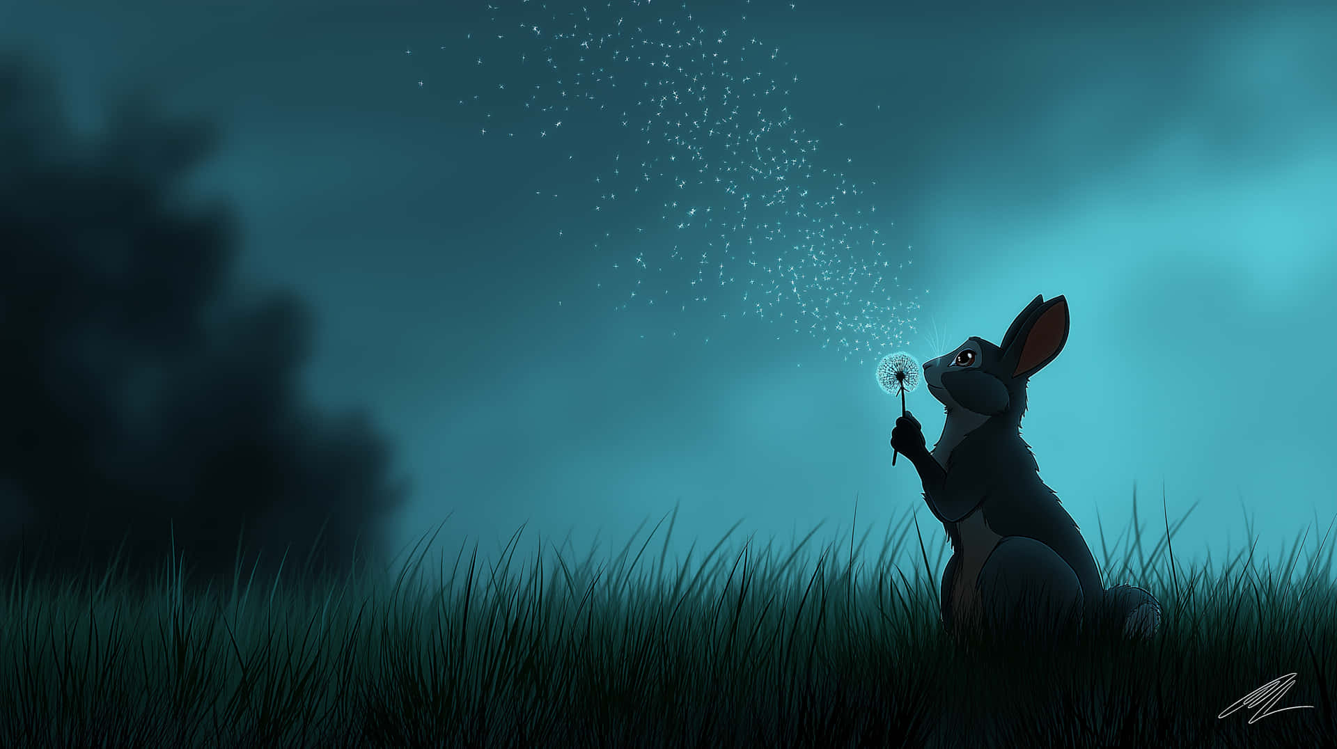 Cute Rabbit Blowing Dandelion Seeds In Night Sky Wallpaper