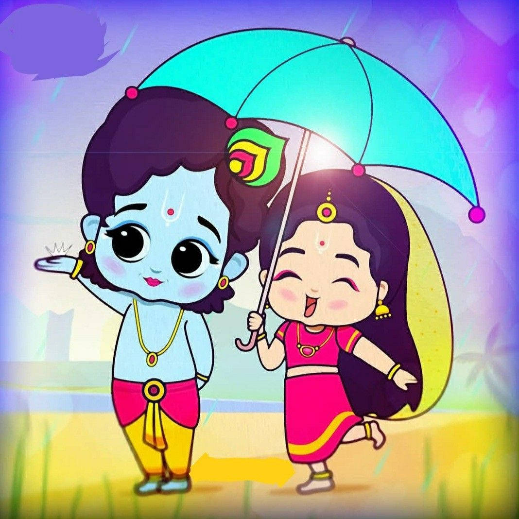 Download Cute Radha Krishna Blue Umbrella Wallpaper | Wallpapers.com