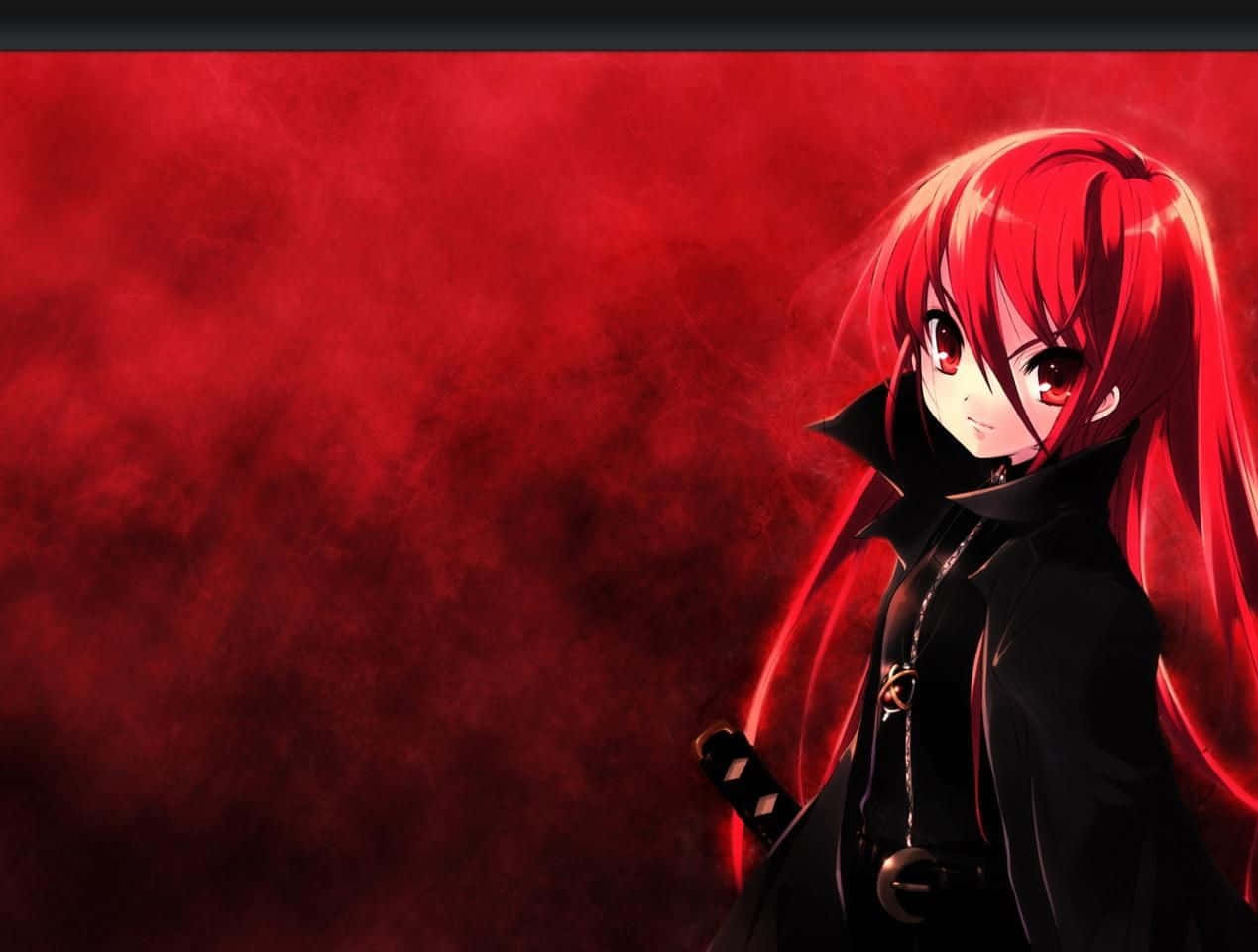 En animepige med rødt hår står foran en rød baggrund Wallpaper