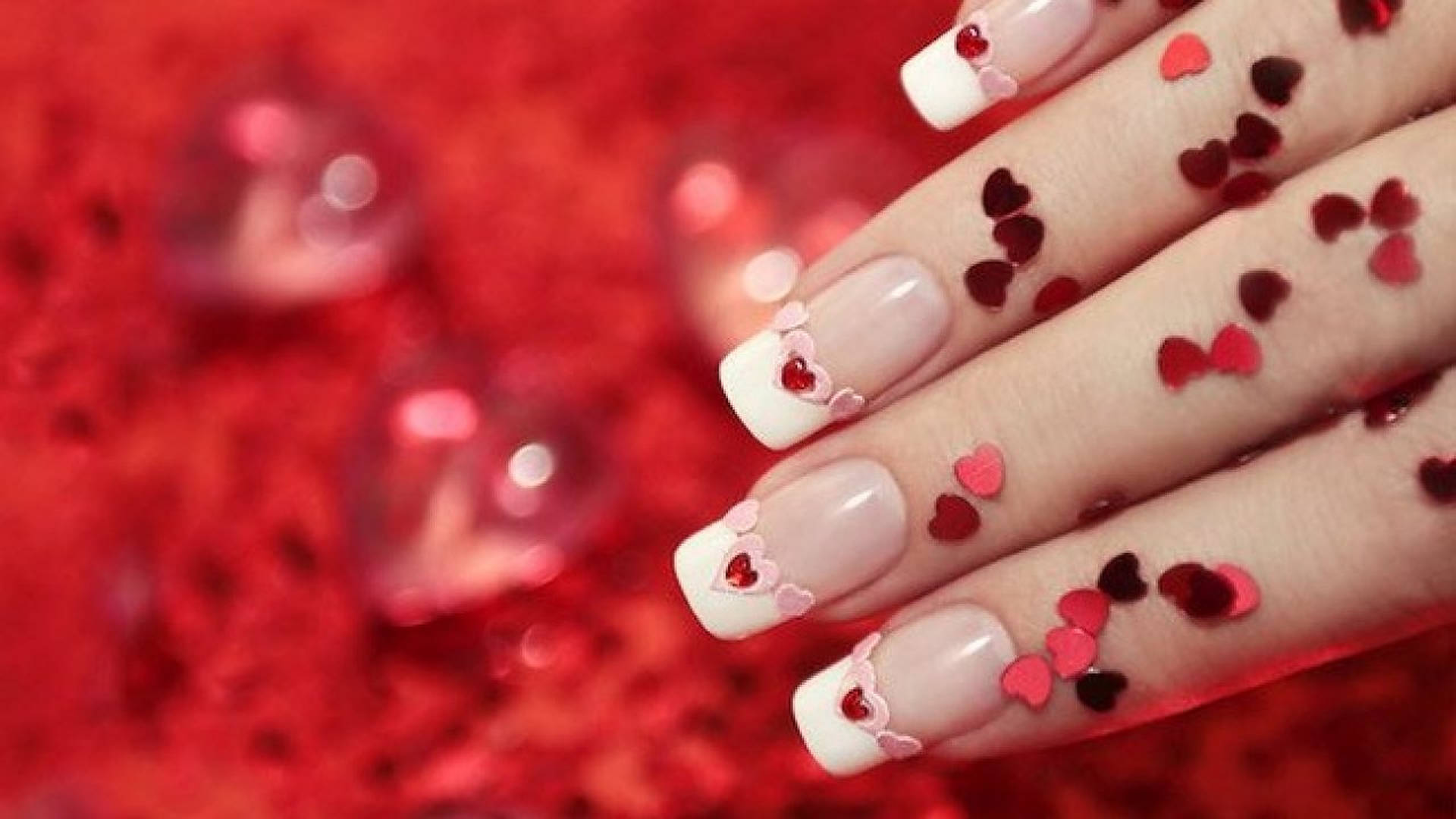 Cute Red Heart Glittery Nails