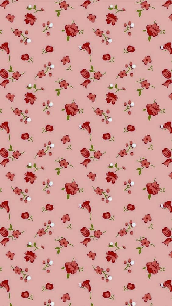 Et pink floral mønster med røde blomster og grønne blade Wallpaper
