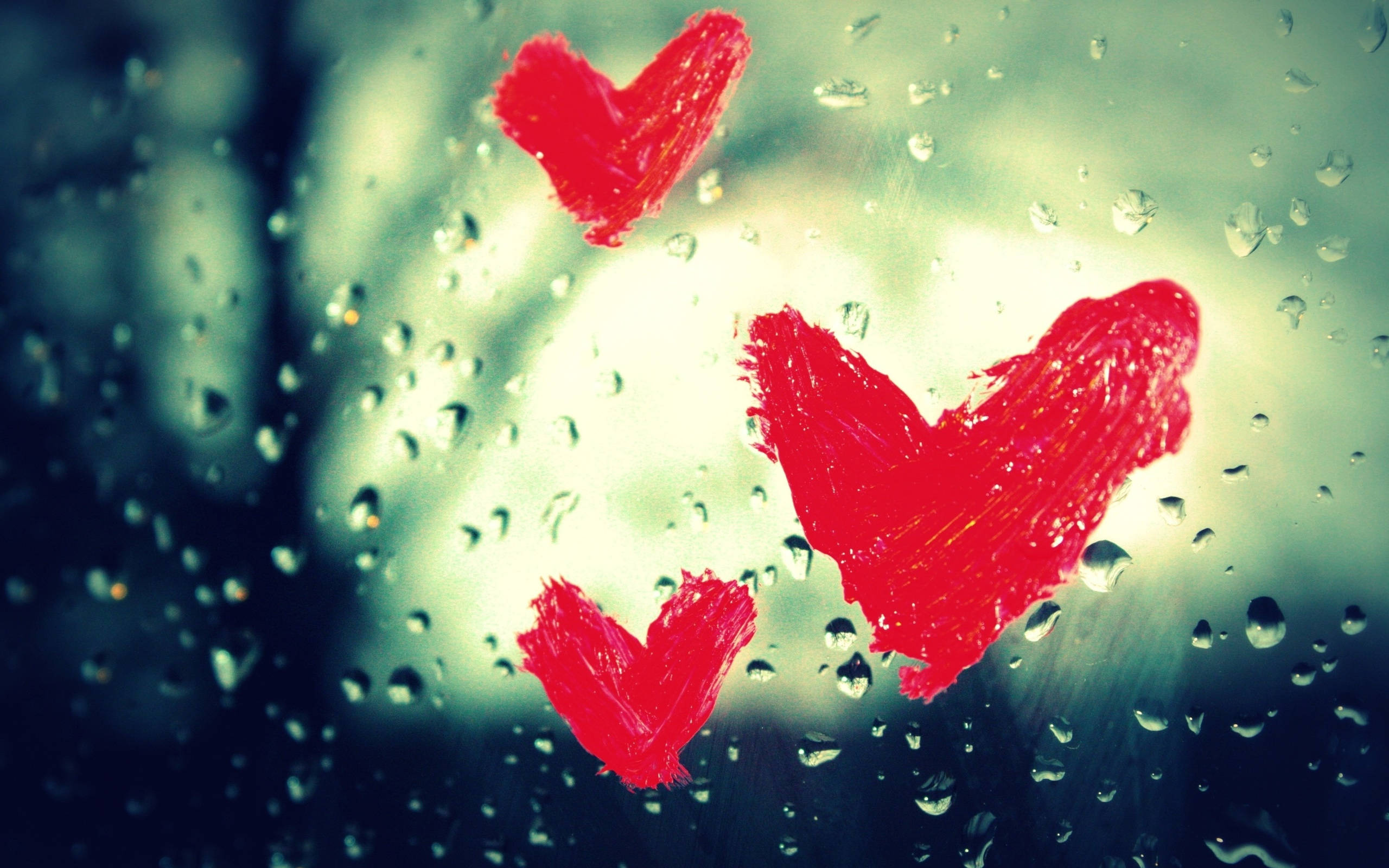 Cute Red Love Hearts On Wet Window Wallpaper