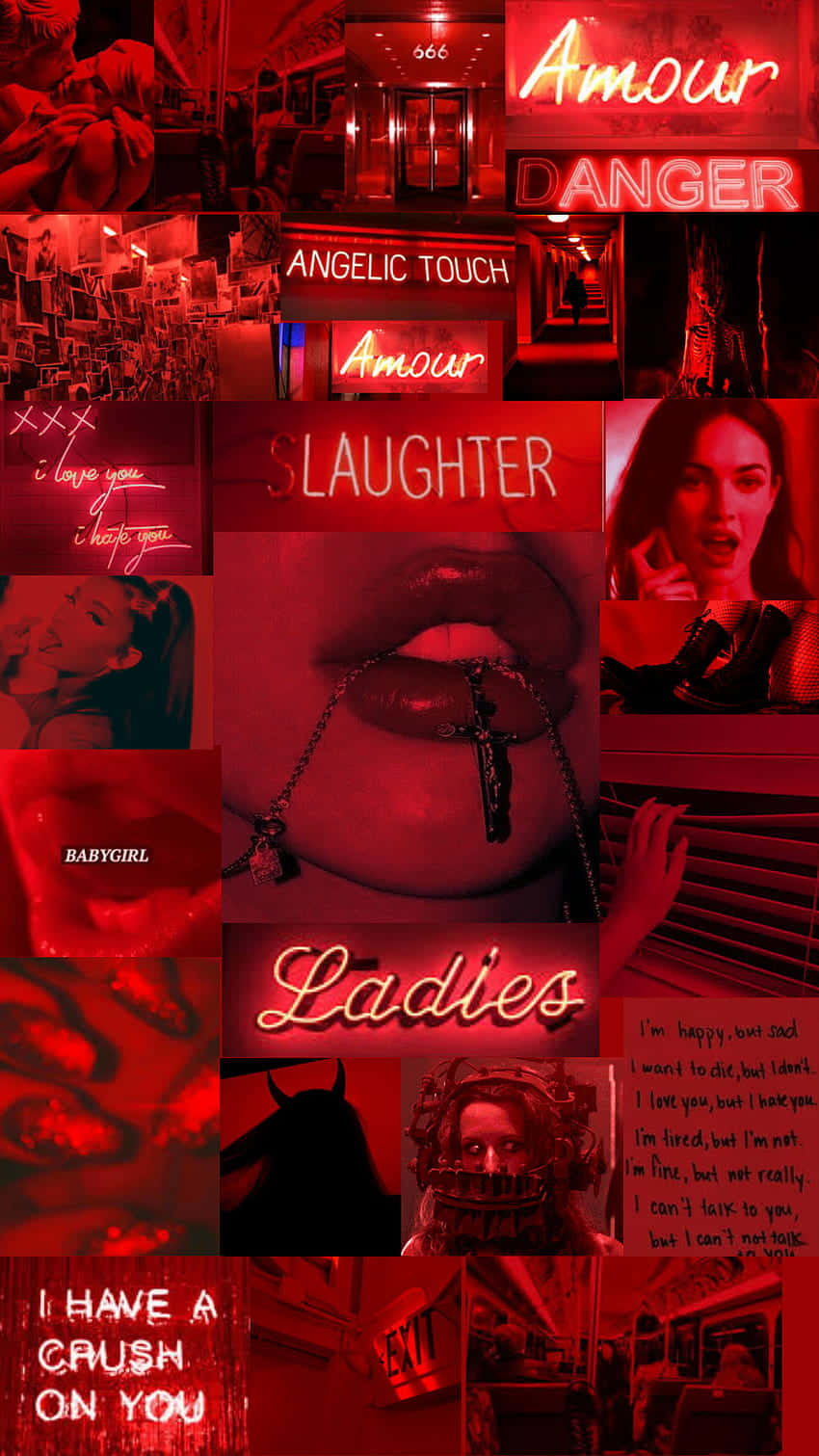 A Collage Of Red And Black Images With The Words Laughter Ladies Wallpaper