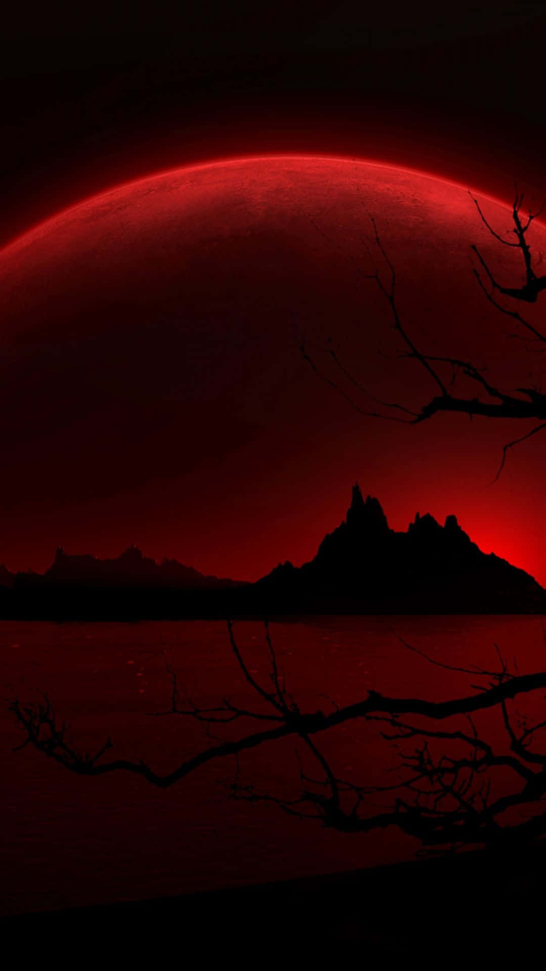 A Red Sky With A Tree And A Lake Wallpaper