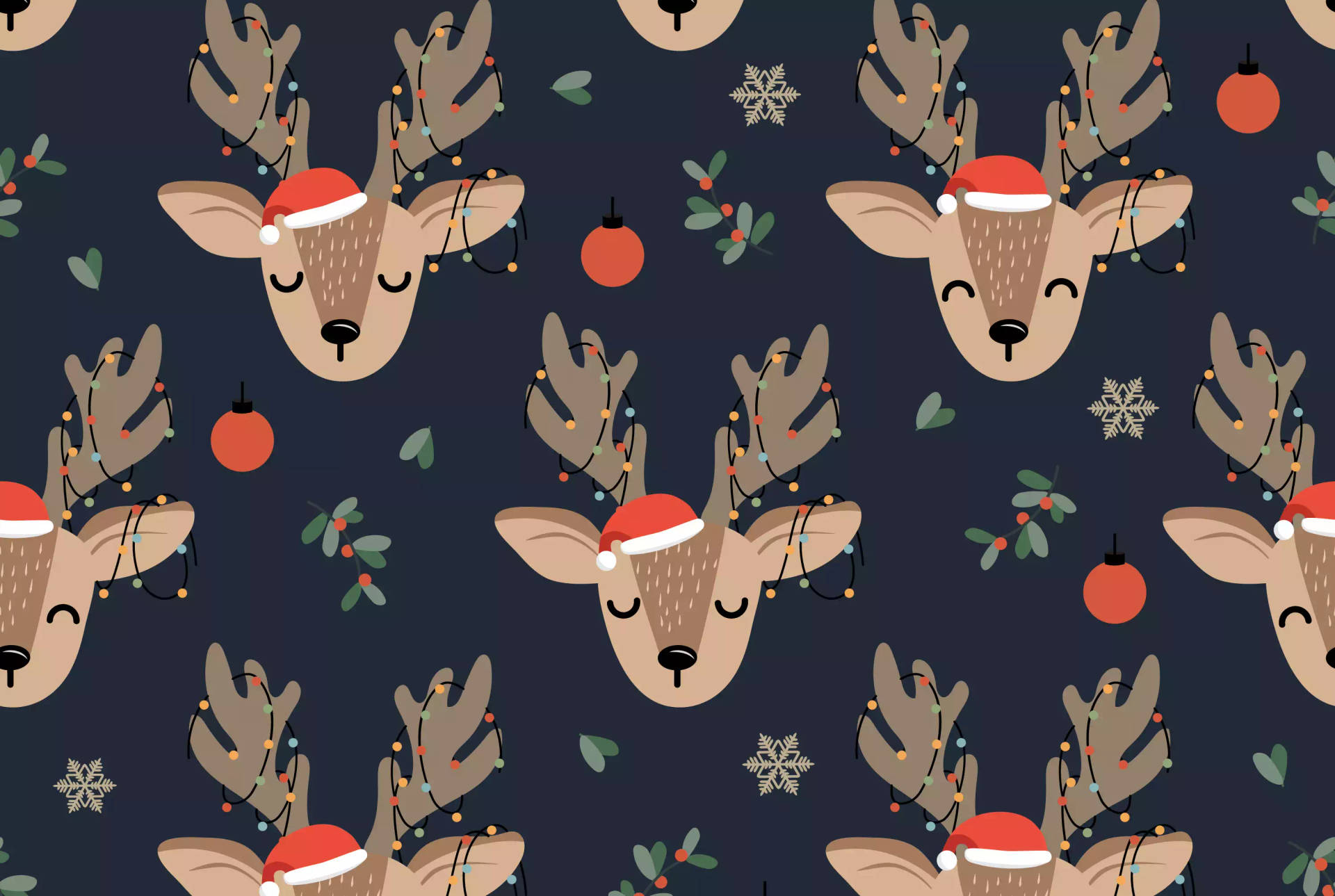 Cute Reindeer Heads With Christmas Lights Wallpaper