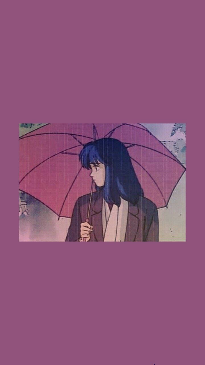 Niedlichesretro-anime-ästhetik-mädchen Und Regenschirm Wallpaper