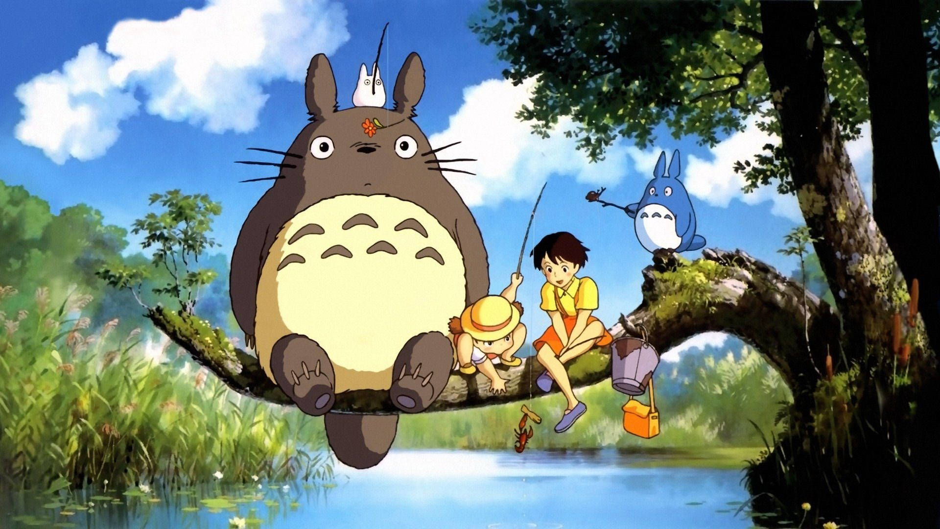 Niedlicherretro-anime-ästhetischer Totoro Beim Angeln Wallpaper