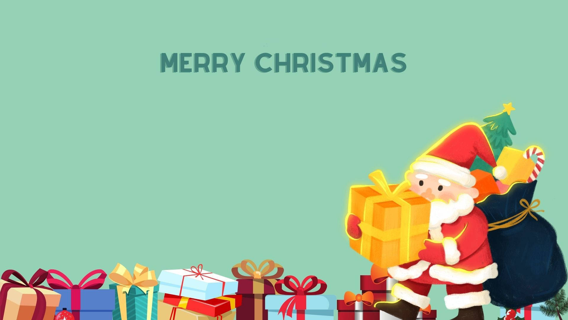 Cute Santa Claus With Christmas Gifts Wallpaper