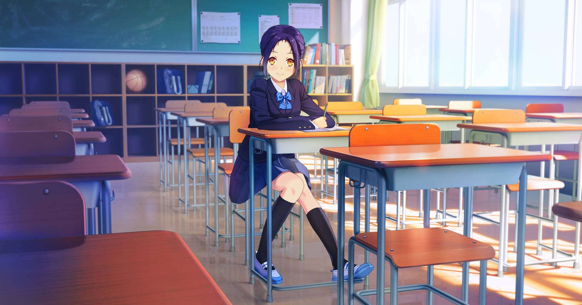 Cute School Girl In Classroom Wallpaper