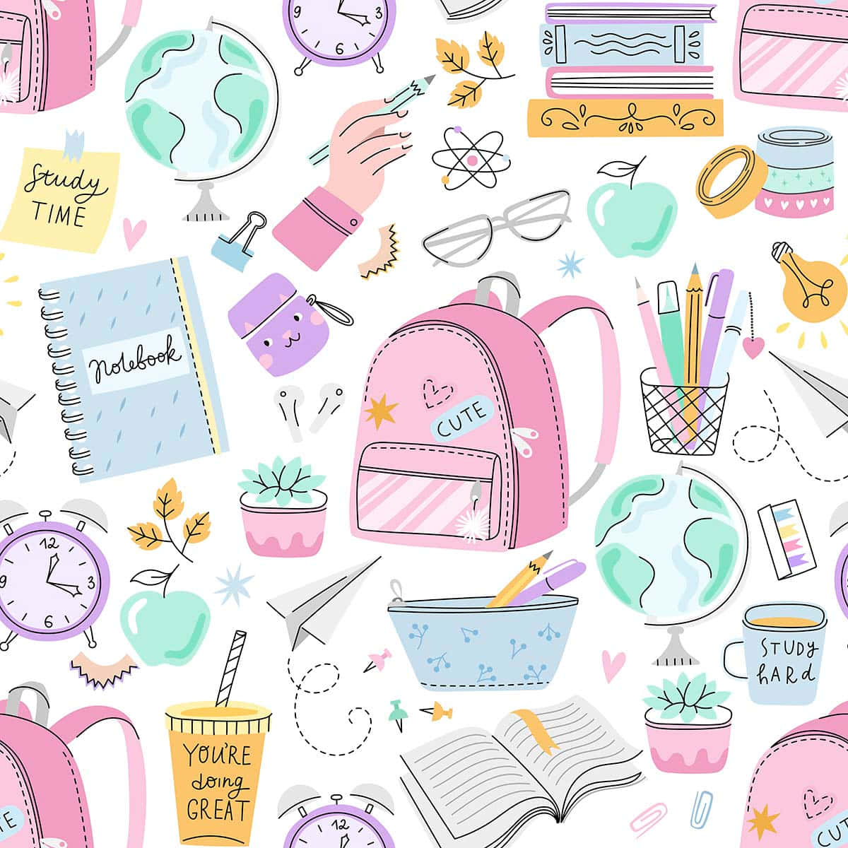 Cute School Supplies Pattern Wallpaper