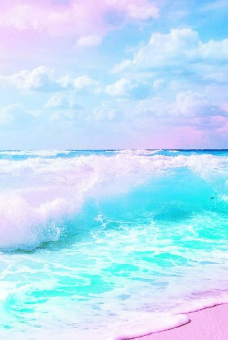 A Beach With Blue And Pink Waves And A Pink Sky Wallpaper