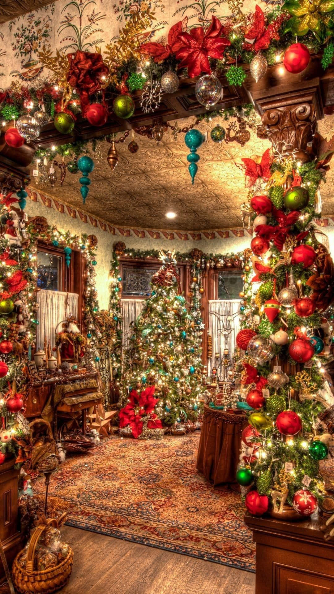 A Christmas Room Decorated With Ornaments And Decorations Wallpaper
