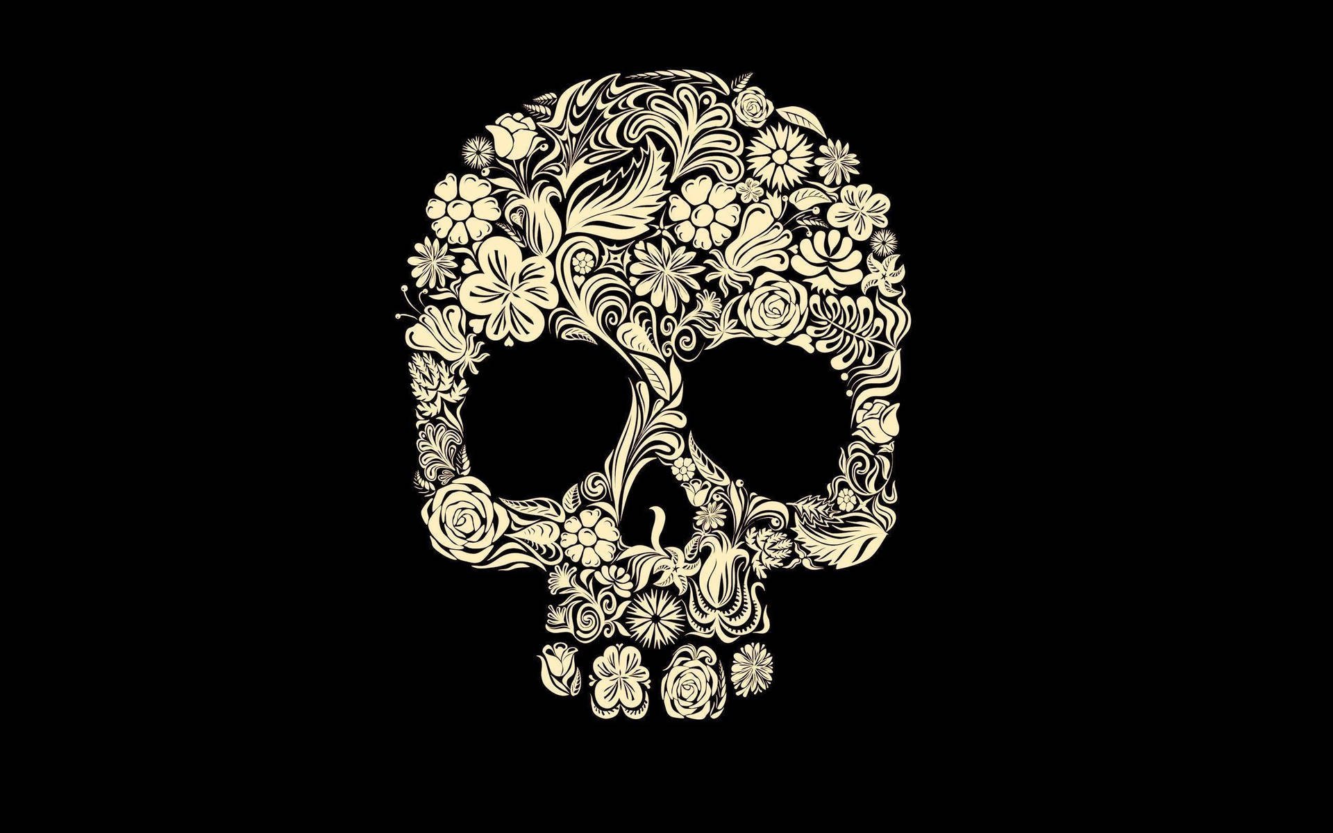 Et skelet med blomsterdesigns på en sort baggrund. Wallpaper