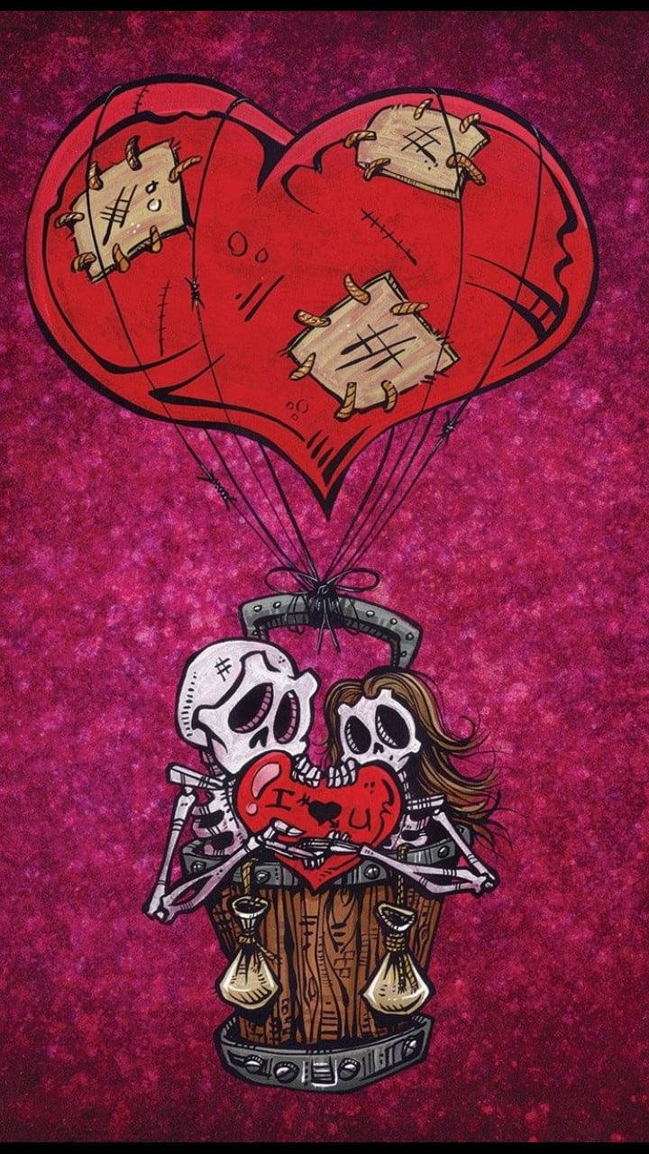 Cute Skeleton Iphone Lovers Cartoon Art Wallpaper