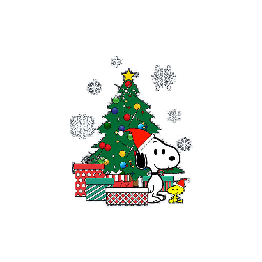 Cute Snoopy Christmas With Woodstock Beside Tree Wallpaper
