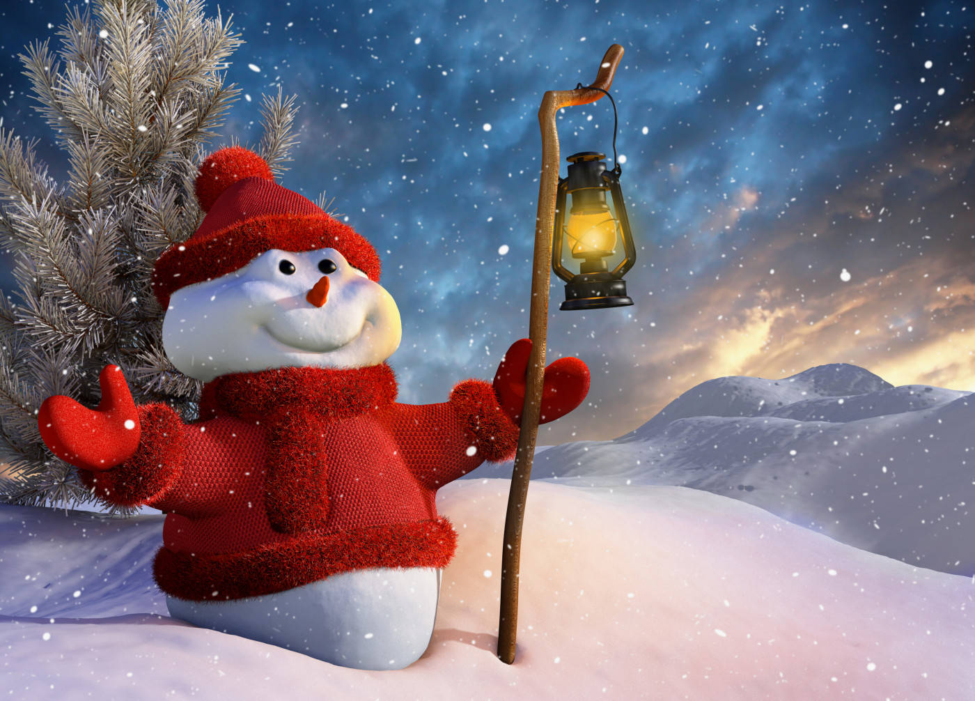 En snemand, der holder en lanterne i sneen. Wallpaper