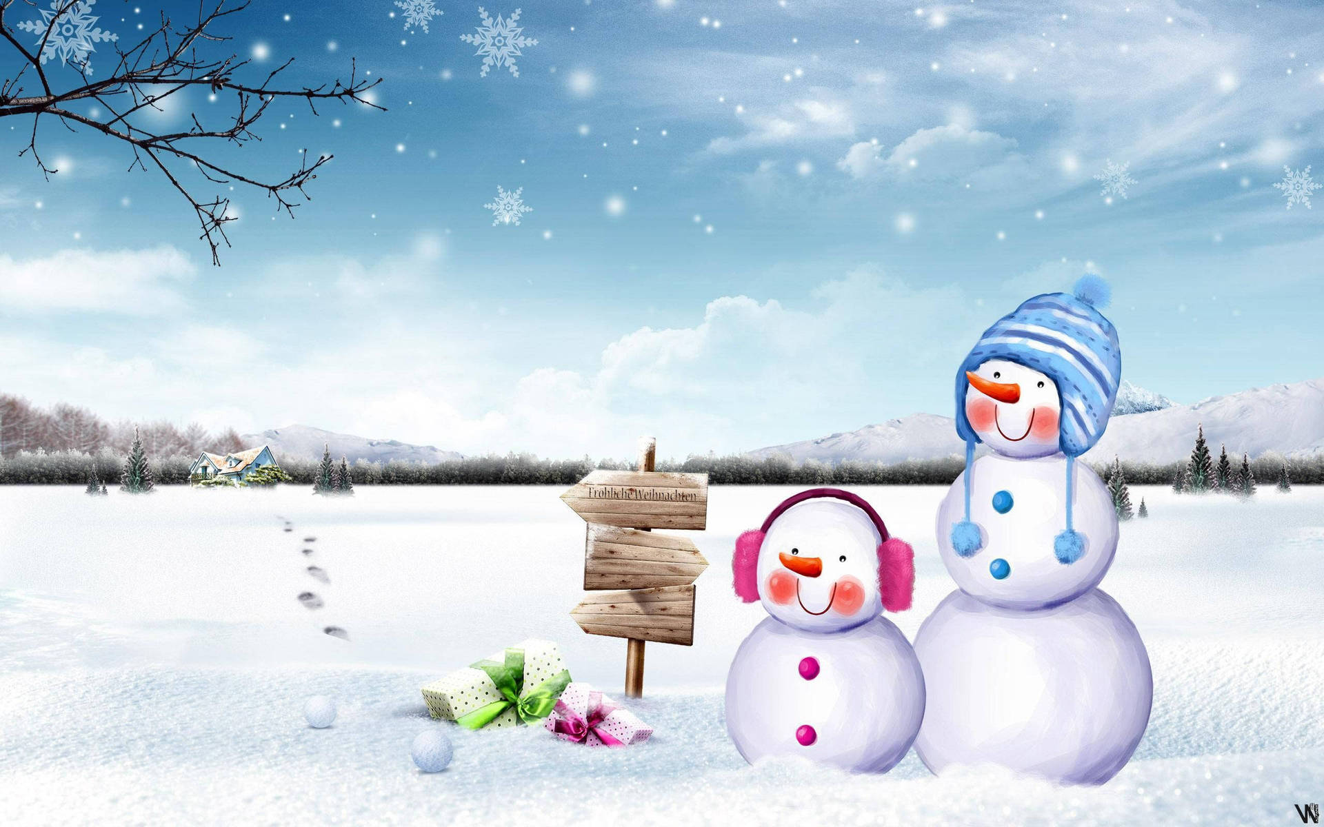 A cute snowman smiling on a winter day Wallpaper