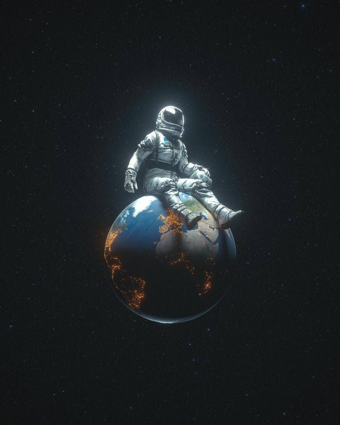 Cute Spaceman Resting On Earth Wallpaper