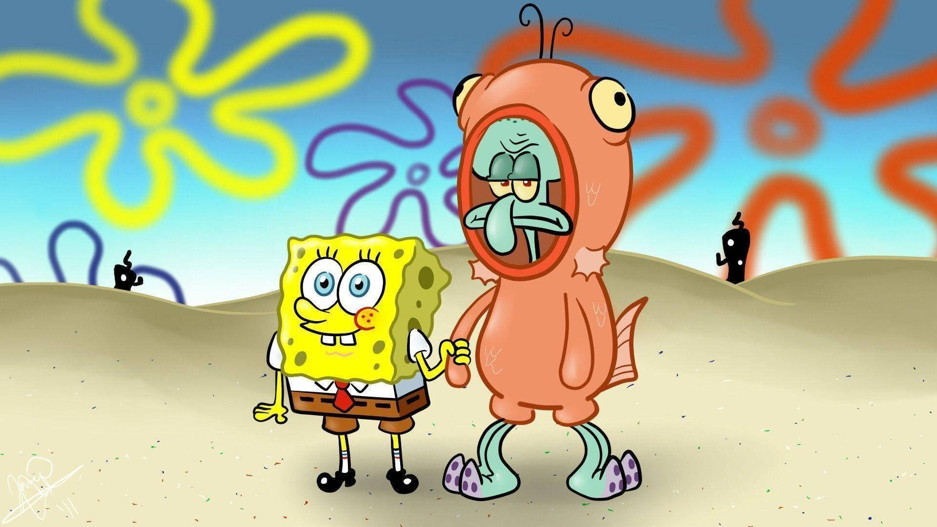 Sød SpongeBob og irriteret Squidward holder hænder. Wallpaper