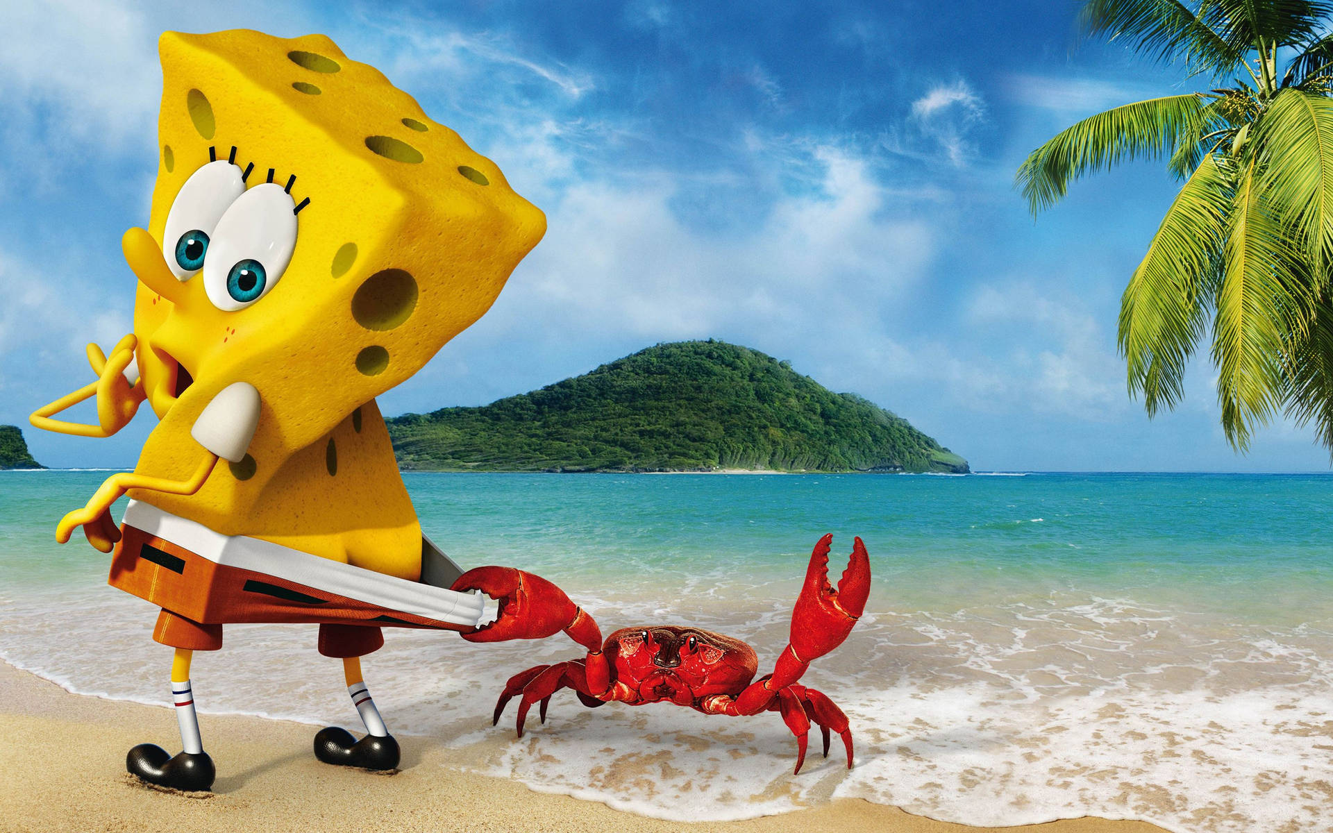 Sød SpongeBob Square Pants klemt af krabbe Wallpaper