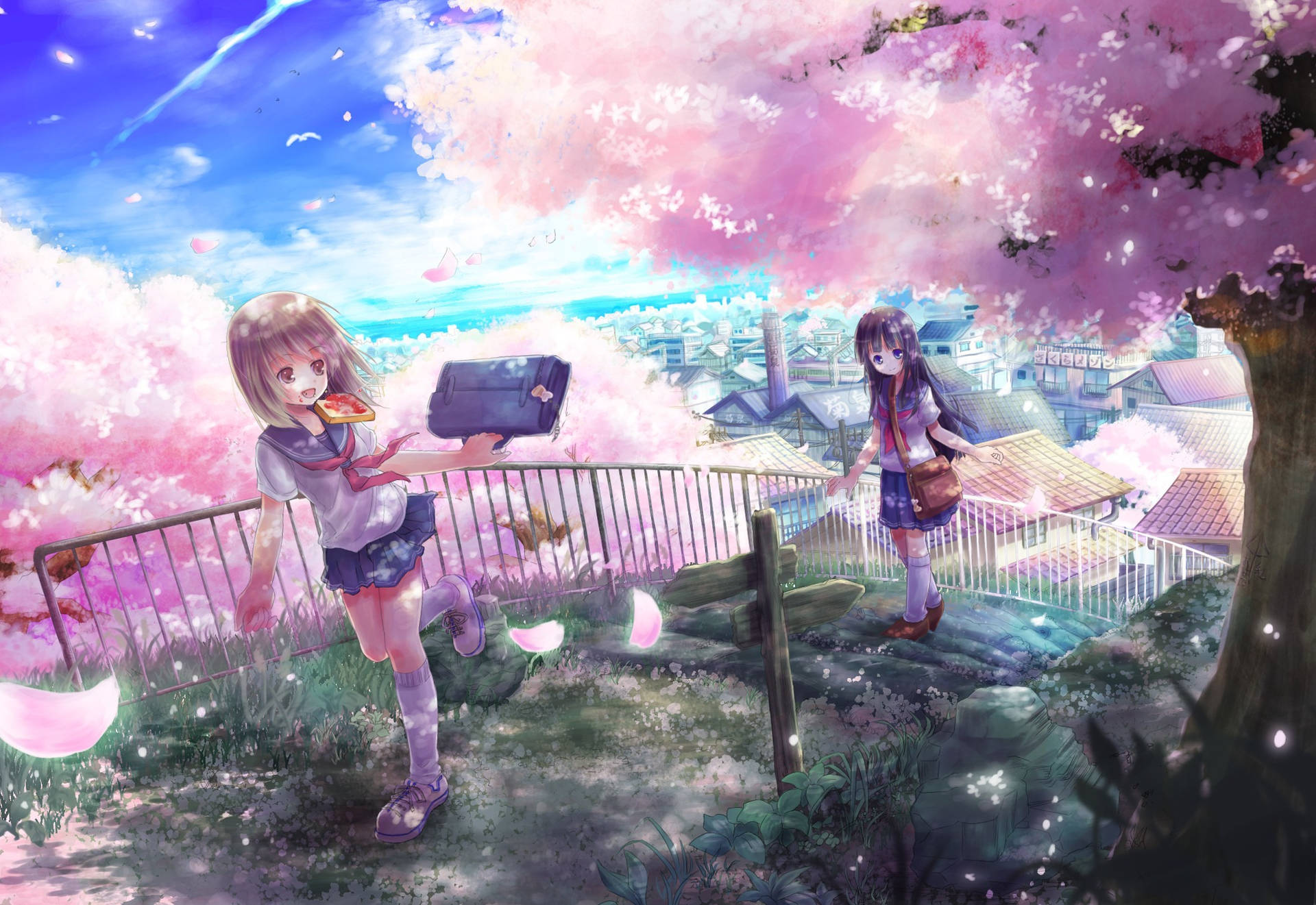 Søde forårs anime skolepiger kig på scenariet. Wallpaper