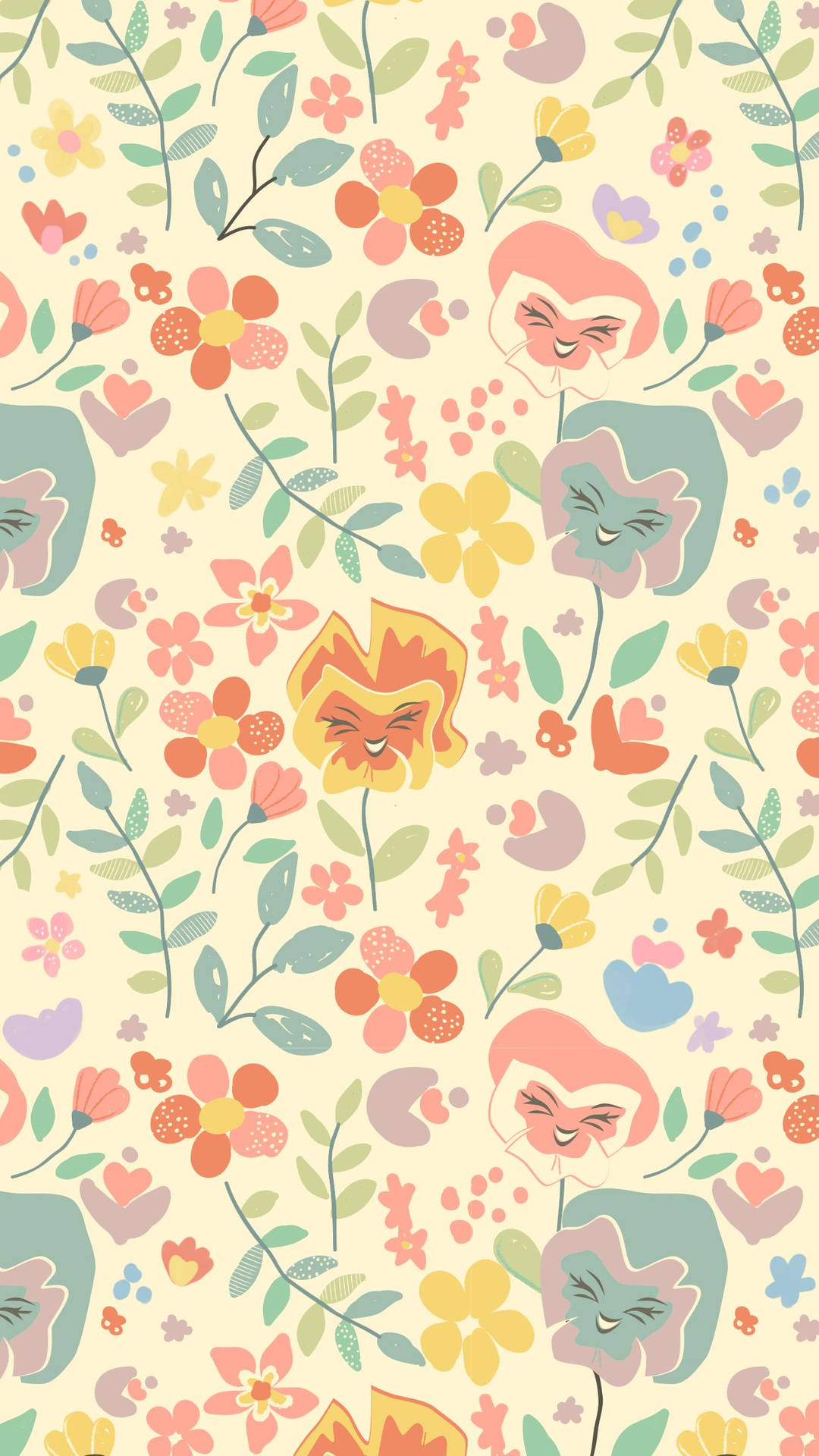 A Colorful Floral Pattern With Cats And Flowers Wallpaper