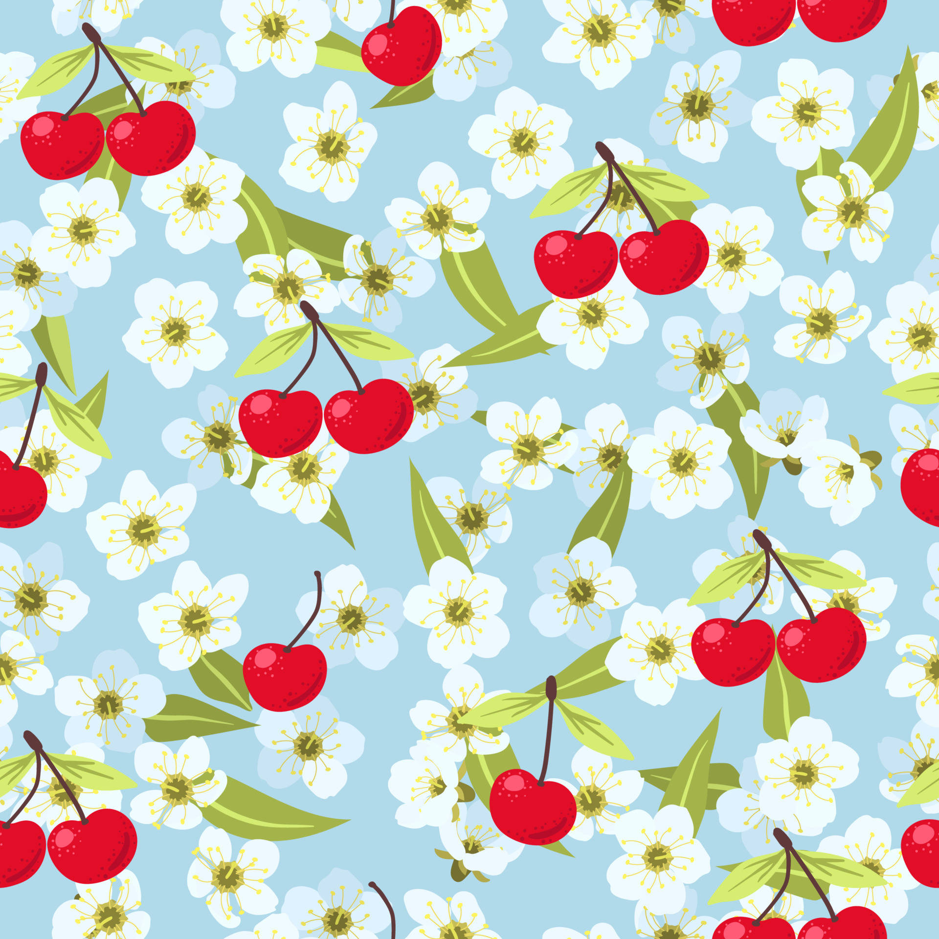 A Seamless Pattern With Cherries And Flowers Wallpaper