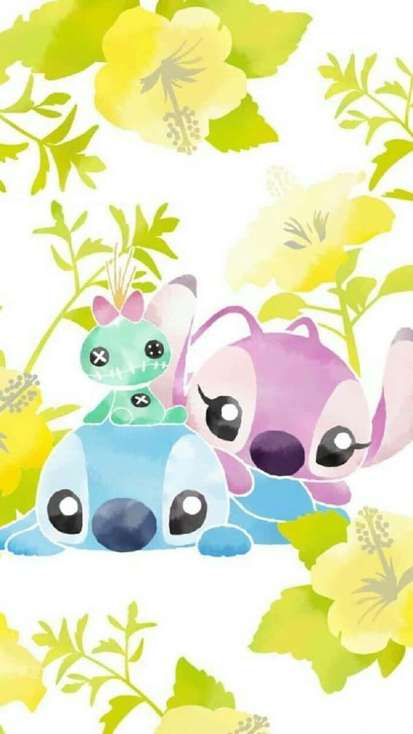 Cute Stitch And Angel Hibiscus Flowers Wallpaper