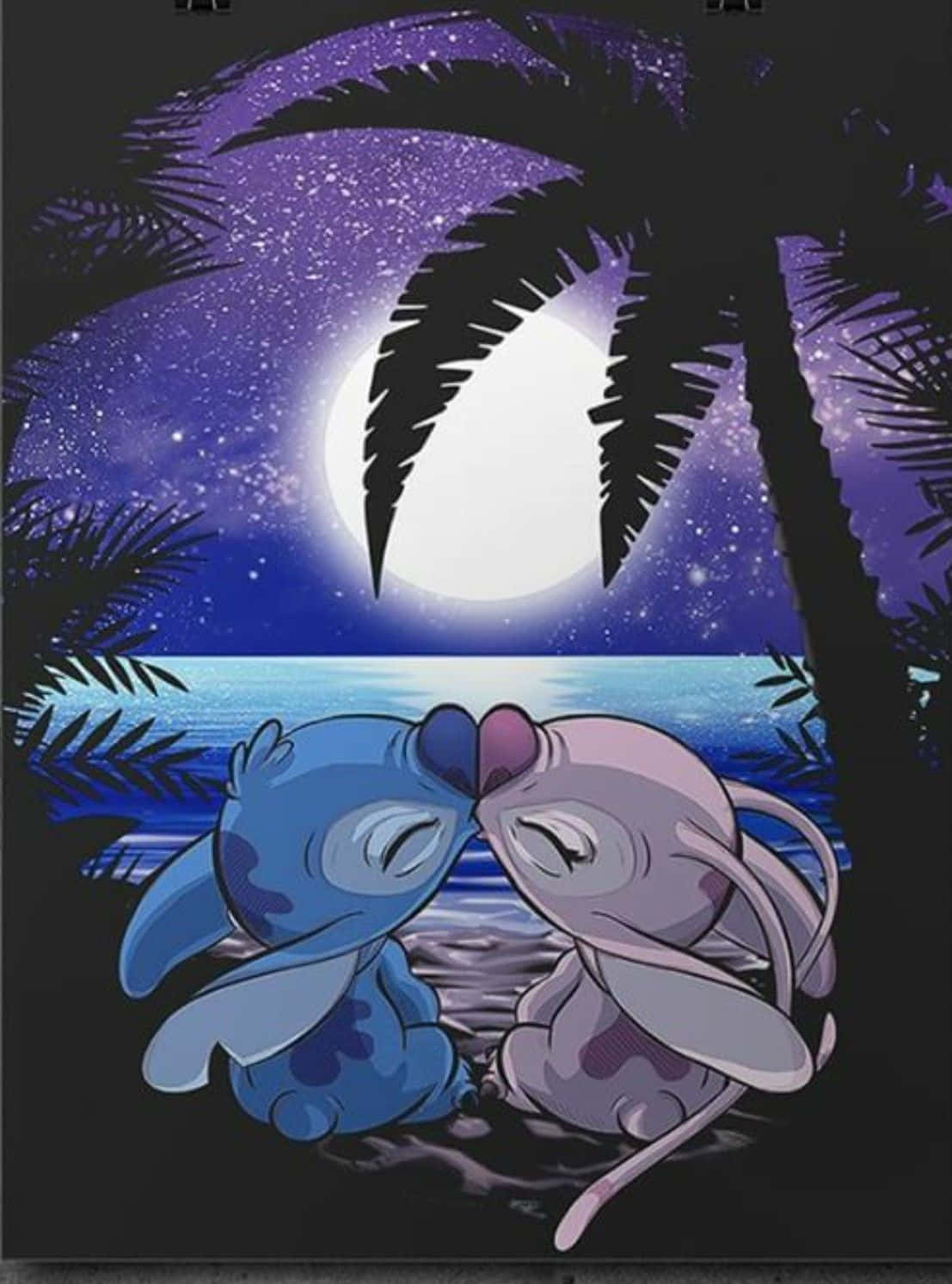 Cute Stitch And Angel Kissing At The Sea Wallpaper