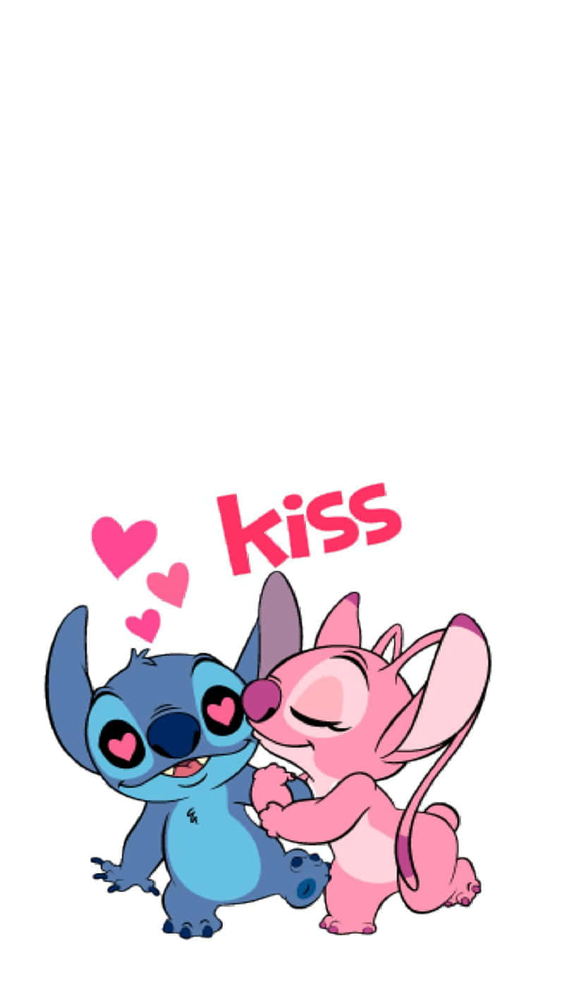 Cute Stitch And Angel Kissing On Cheek Wallpaper