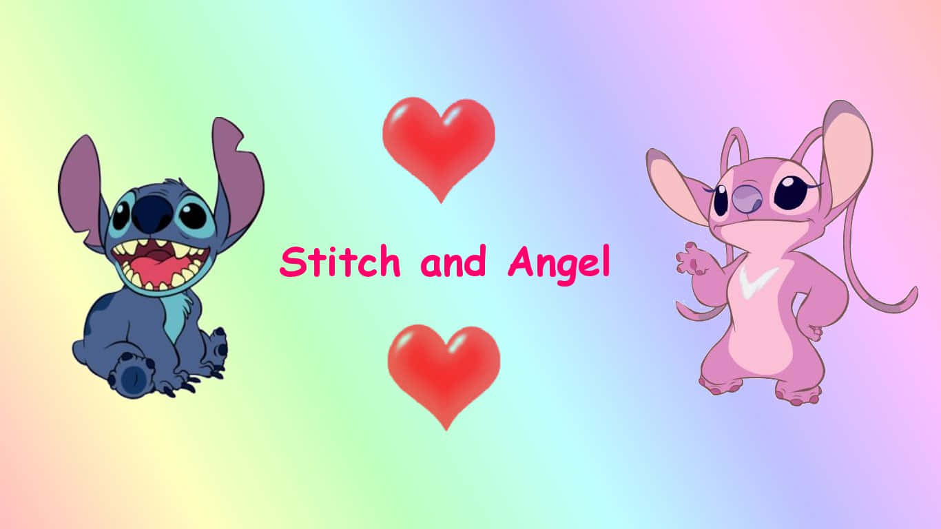 Cute Stitch And Angel Love In Rainbow Pastel Wallpaper