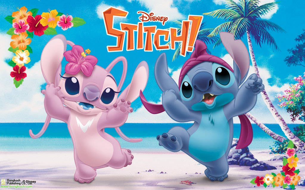 Cute Stitch And Angel On Beach Wallpaper