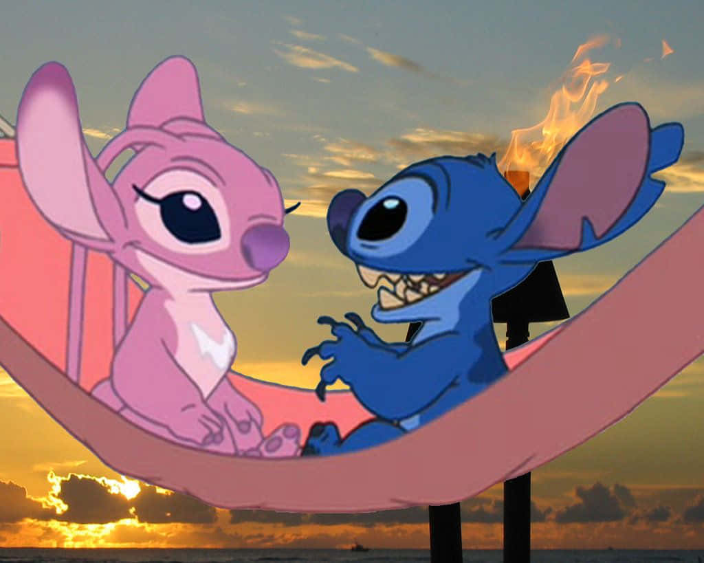 Cute Stitch And Angel On Pink Hammock Wallpaper