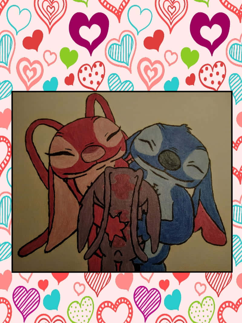 Cute Stitch And Angel With Colorful Hearts Wallpaper